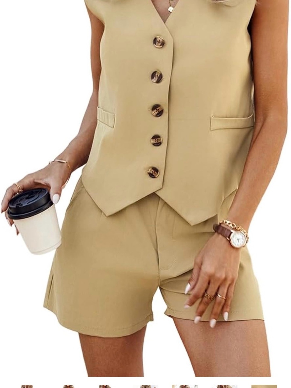Women's Tan Sleeveless Button Vest & Matching Shorts Set